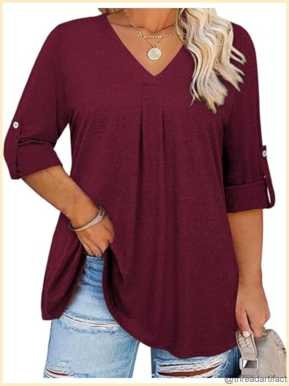 Plus Size Tunic Top 3/4 Sleeve V Neck Pleated Blouse